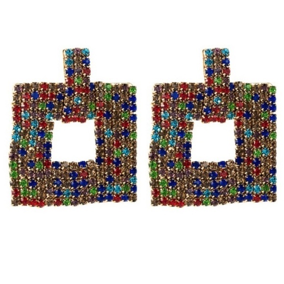Multi-Color Geometric Diamond  Studded Rhinestone Drop Earrings - Picture 1 of 7